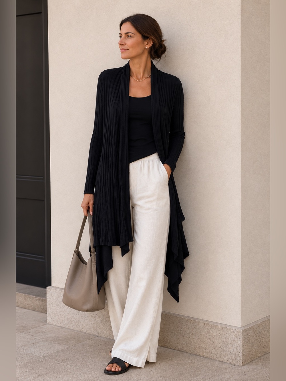 KERISMA Cashmere Ribbed Black Asymmetrical Open Front Cardigan Old Money Chic S